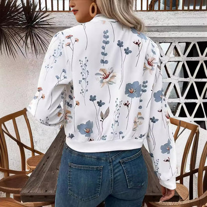 Blue Floral Zip Up Cropped Bomber Jacket