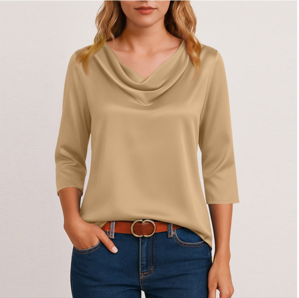Women's Satin Cowl Neck Blouse 3/4 Sleeve Top