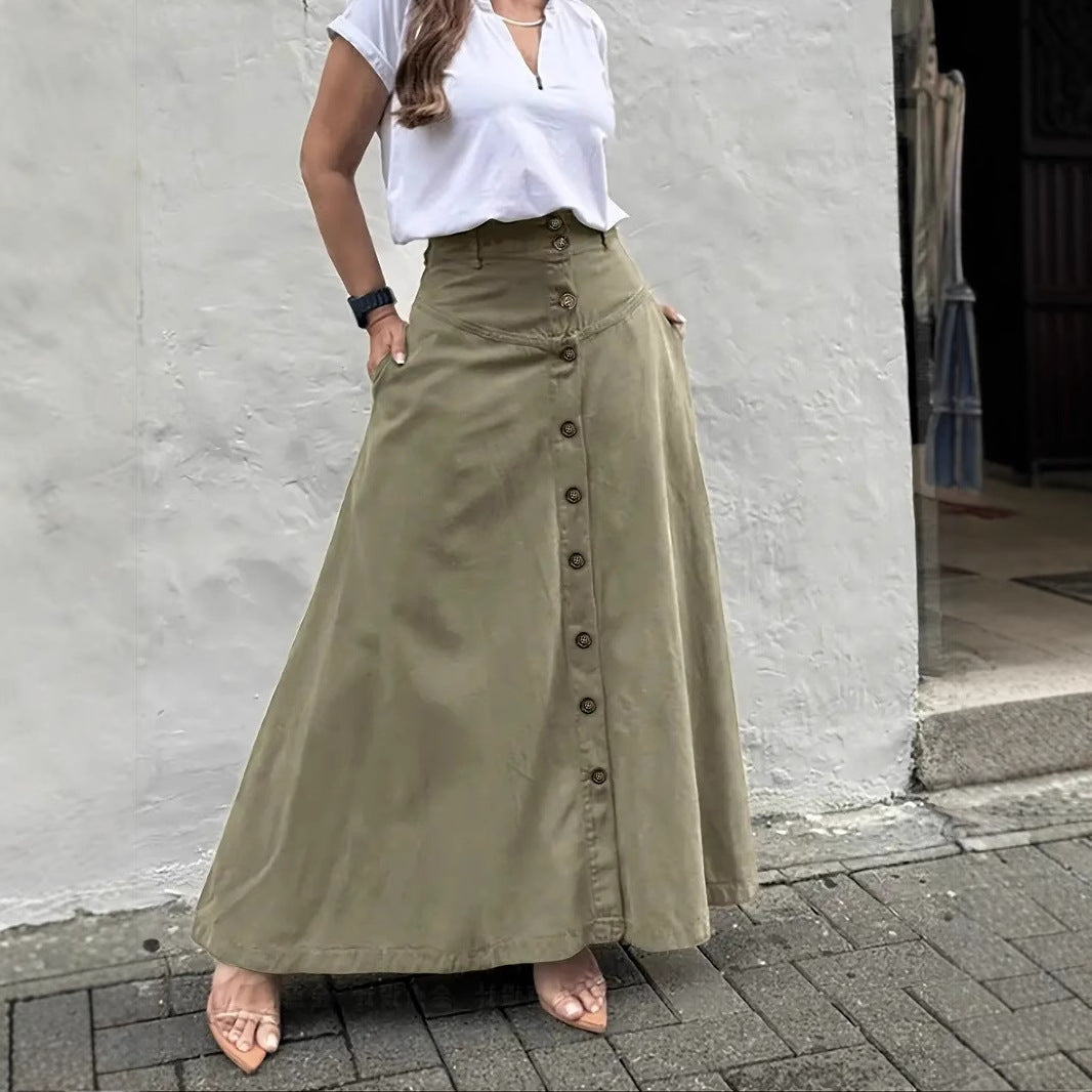 Women's High Waist Button Front Maxi Skirt A-Line Pockets