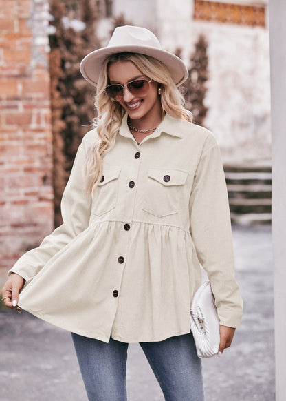 Casual Corduroy Babydoll Shirt Vintage-Inspired Top