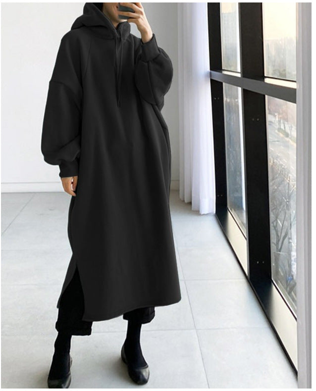 Oversized Fleece Maxi Hoodie Dress Side Slit Pullover