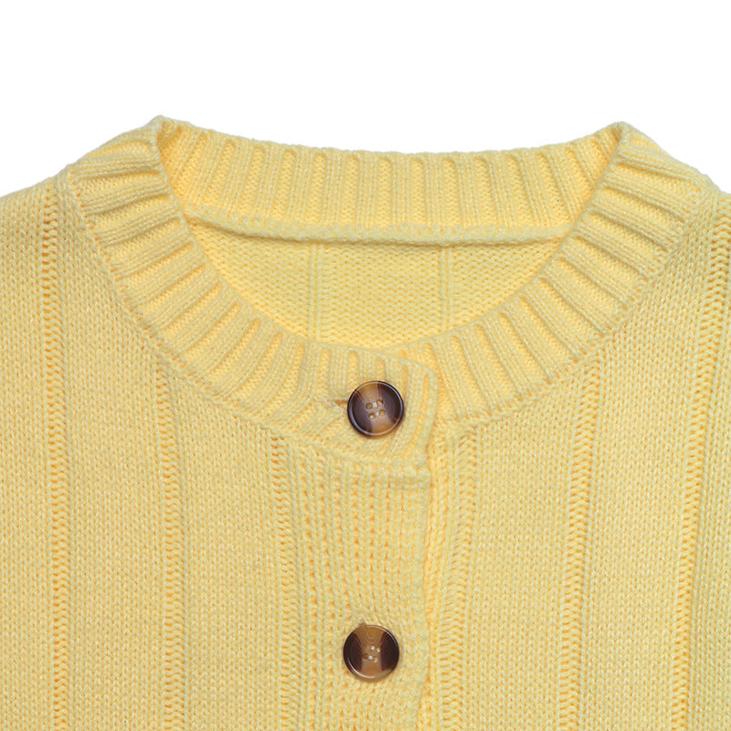 Solid Ribbed Knit Cardigan Button Front Crew Neck Sweater