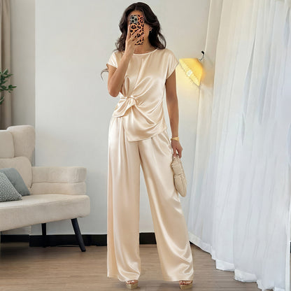 Satin Two Piece Set Twist Front Top Wide Leg Pants