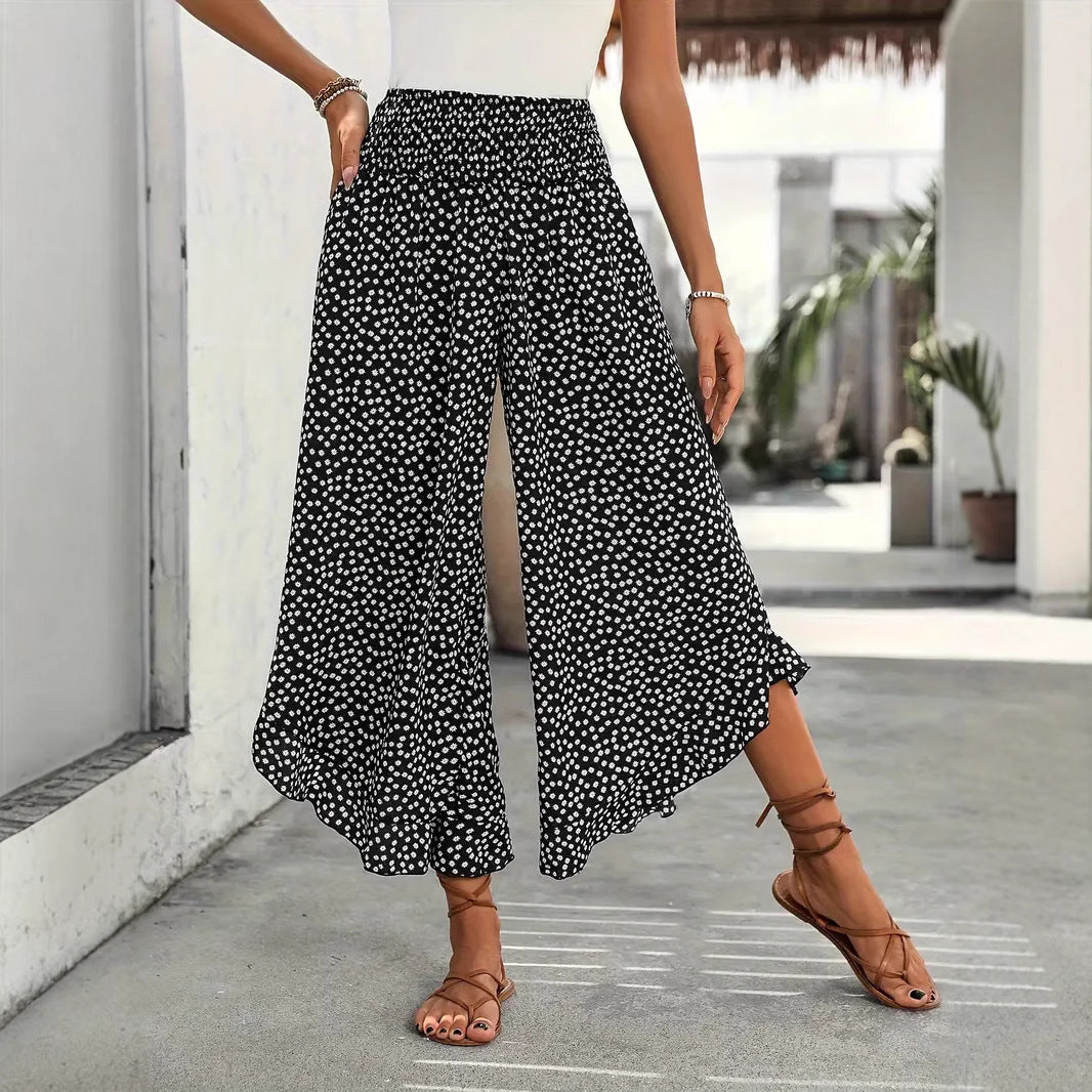 Women's Polka Dot Smocked High Waist Wide Leg Pants