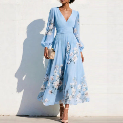 Floral V Neck Pleated Long Sleeve Maxi Dress