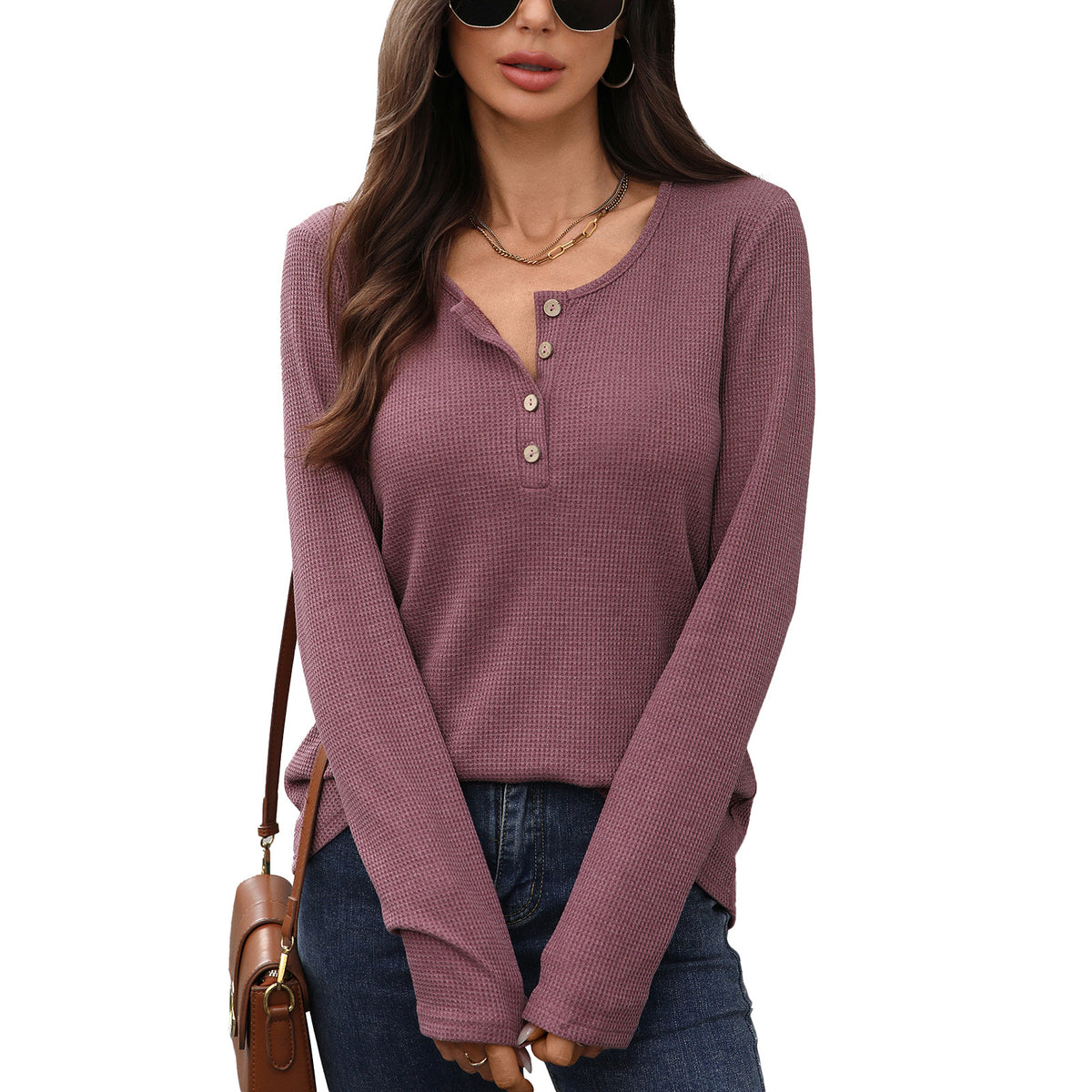 Women's Waffle Knit Henley Long Sleeve Loose Tunic Top