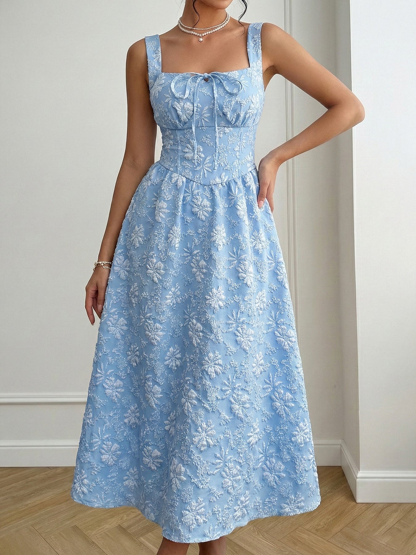 Blue Jacquard Square Neck Dress Sleeveless A-Line Mid-Length