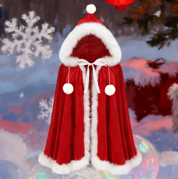 Women’s Christmas Hooded Velvet Cape Faux Fur Trim