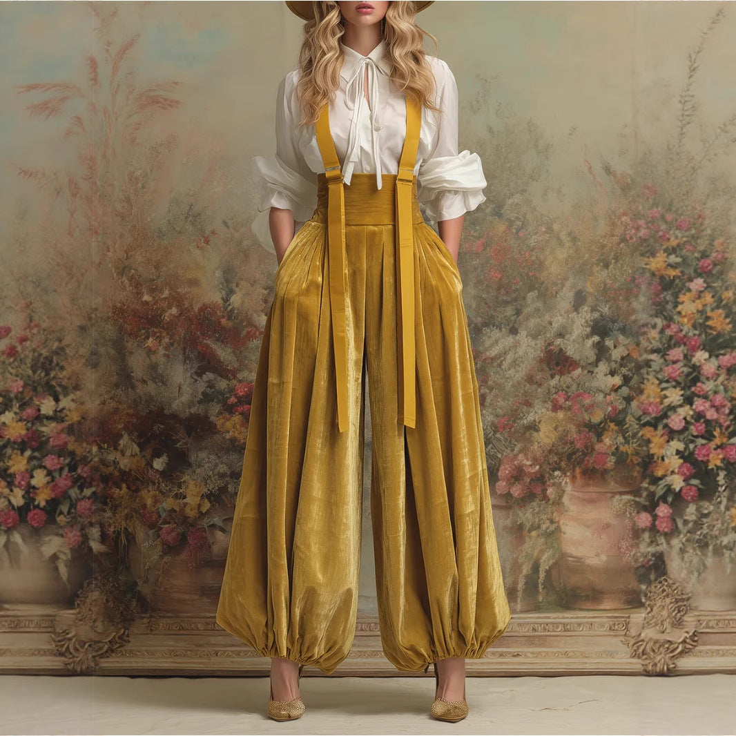 Women's Velvet Suspender Balloon Pants High Waist