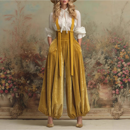 Women's Velvet Suspender Balloon Pants High Waist