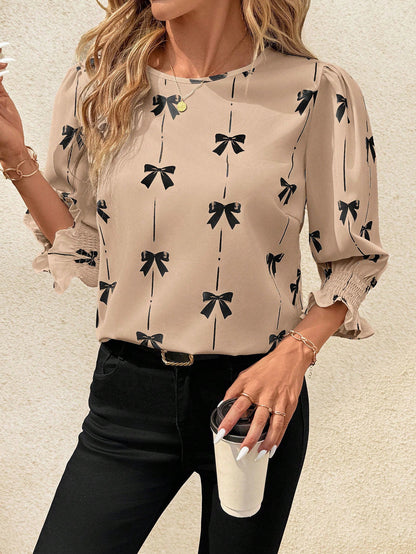 Women's Bow Print Smocked Blouse 3/4 Bell Sleeve Crew Neck