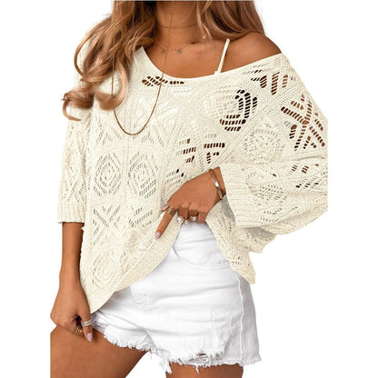Boho Crochet Cover Up V Neck Beach Knit Sweater