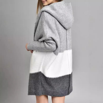 Women's Oversized Hooded Color Block Cardigan Open Front