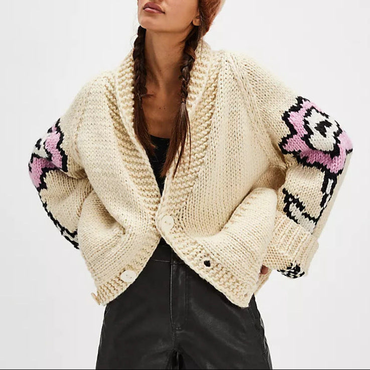 Women's Chunky Knit Floral Cardigan Oversized Sweater