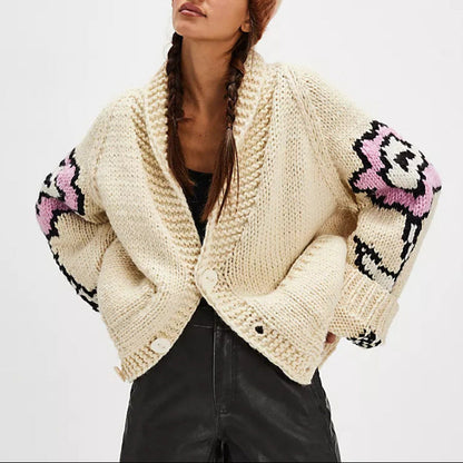 Women's Chunky Knit Floral Cardigan Oversized Sweater