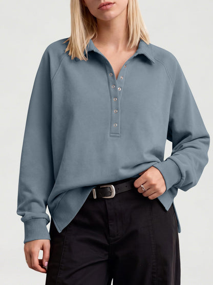Women's Oversized Collared Button Pullover Sweatshirt