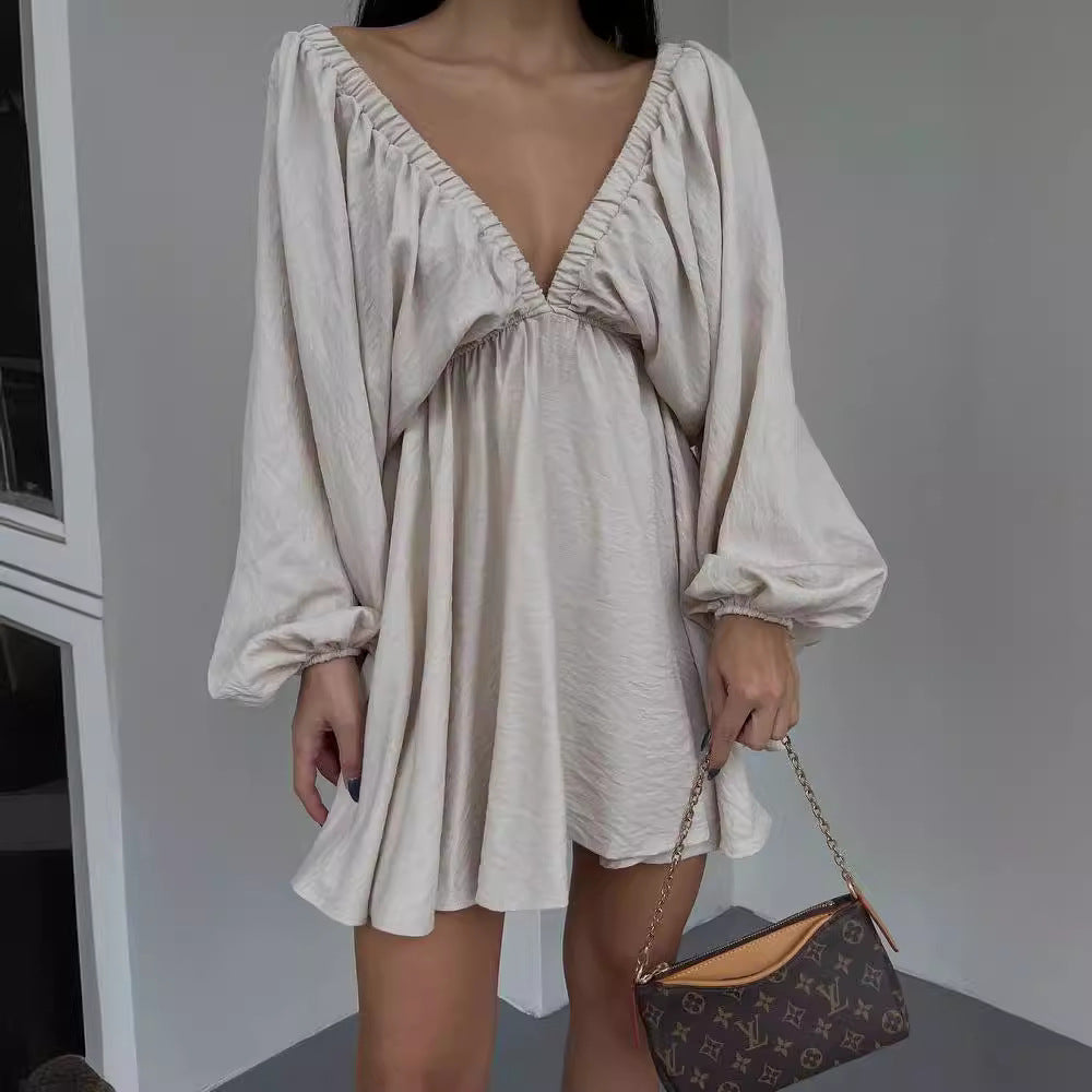 Women's V Neck Puff Sleeve Ruched Mini Flare Dress