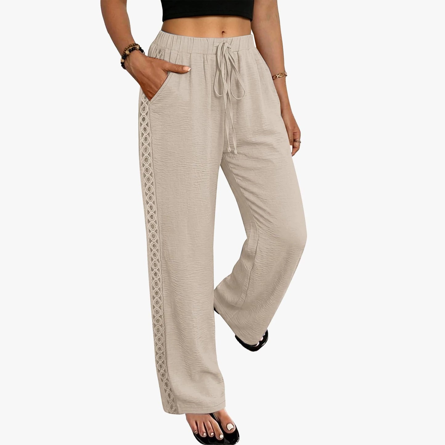 Women's Lace Trim Wide Leg Drawstring Casual Pants