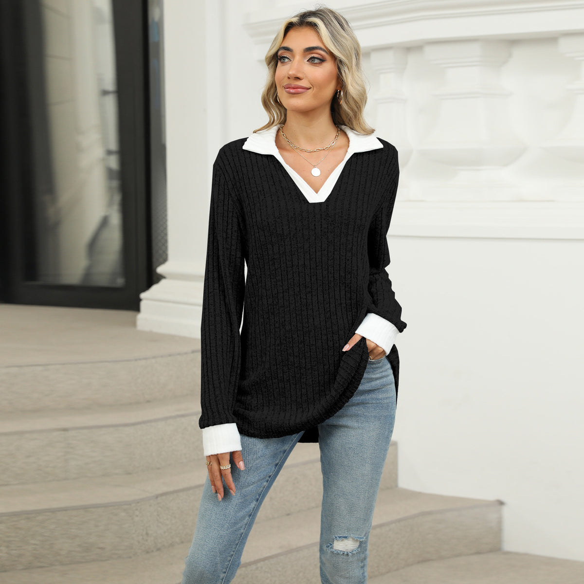Women's Oversized Contrast Collar V Neck Long Sleeve Top