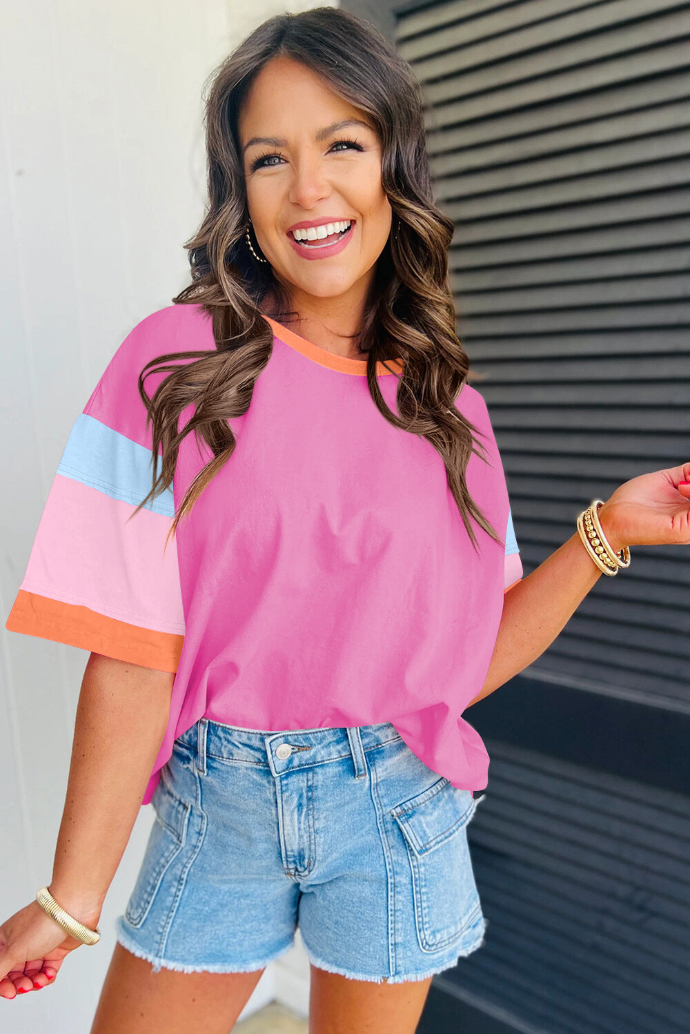Colorblock Cotton Tee Loose Crew Neck Short Sleeve