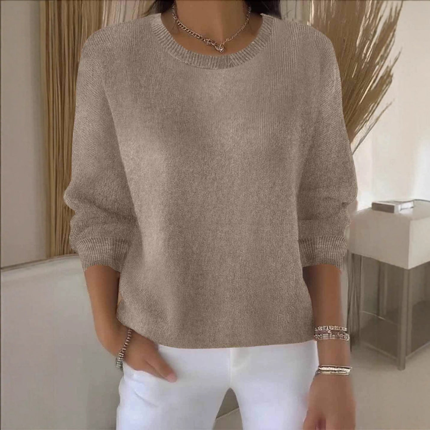 Solid Crew Neck Knit Sweater Long Sleeve Pullover Top
