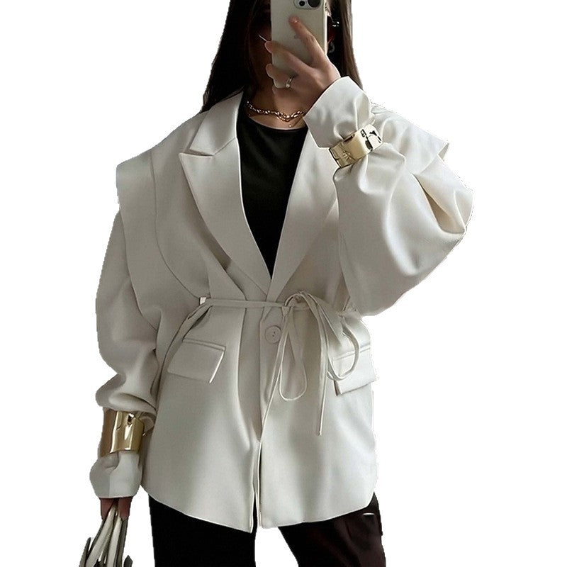 Women Tie Waist Blazer Puff Sleeve Solid Lightweight Jacket