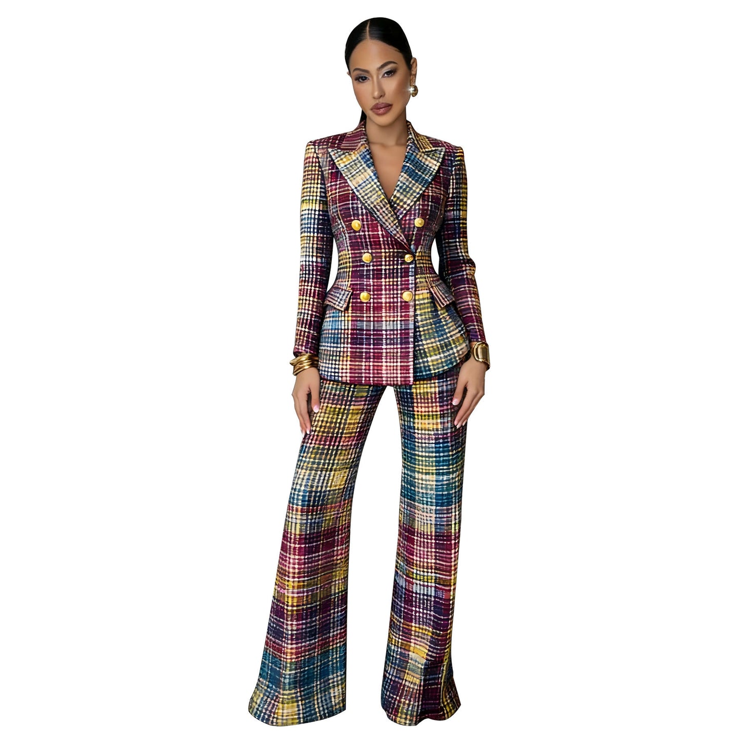 Women Plaid Blazer Pants Set Trendy Two Piece Suit