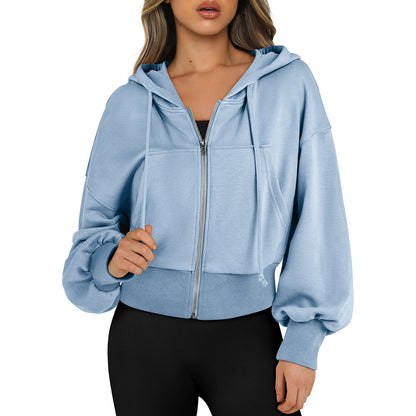 Women's Oversized Cropped Zip Up Hoodie Fleece Jacket