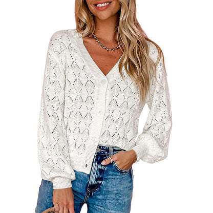 Women's V-Neck Button Front Crochet Knit Cardigan Sweater