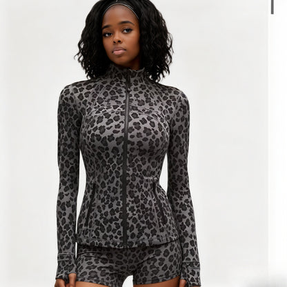 Leopard Print Zip Up Jacket & Shorts Matching Set