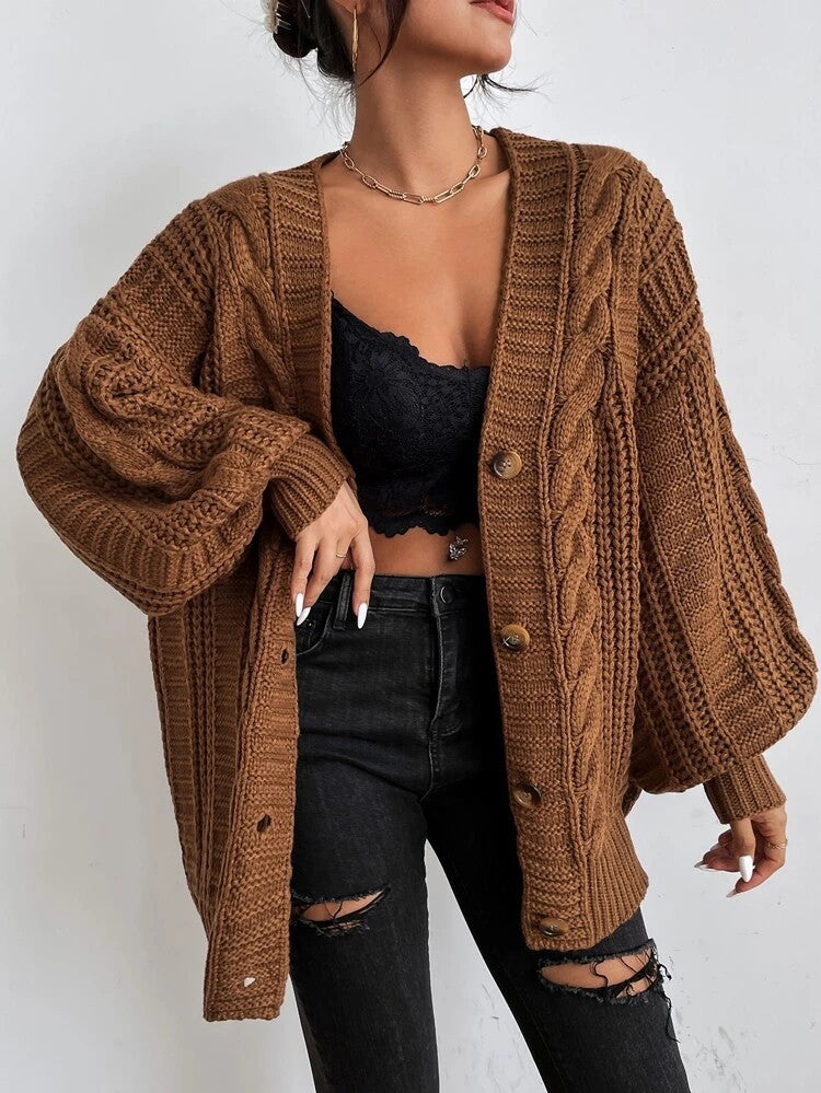 Oversized Cable Knit V-Neck Balloon Sleeve Cardigan
