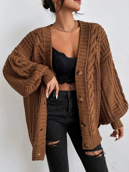 Oversized Cable Knit V-Neck Balloon Sleeve Cardigan
