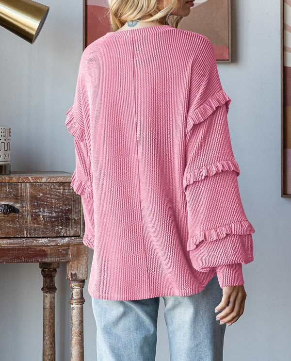 Lantern Sleeve Lace Round Neck Top
