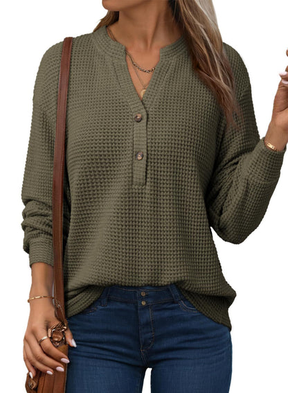 Women's Waffle Knit Long Sleeve Henley Top