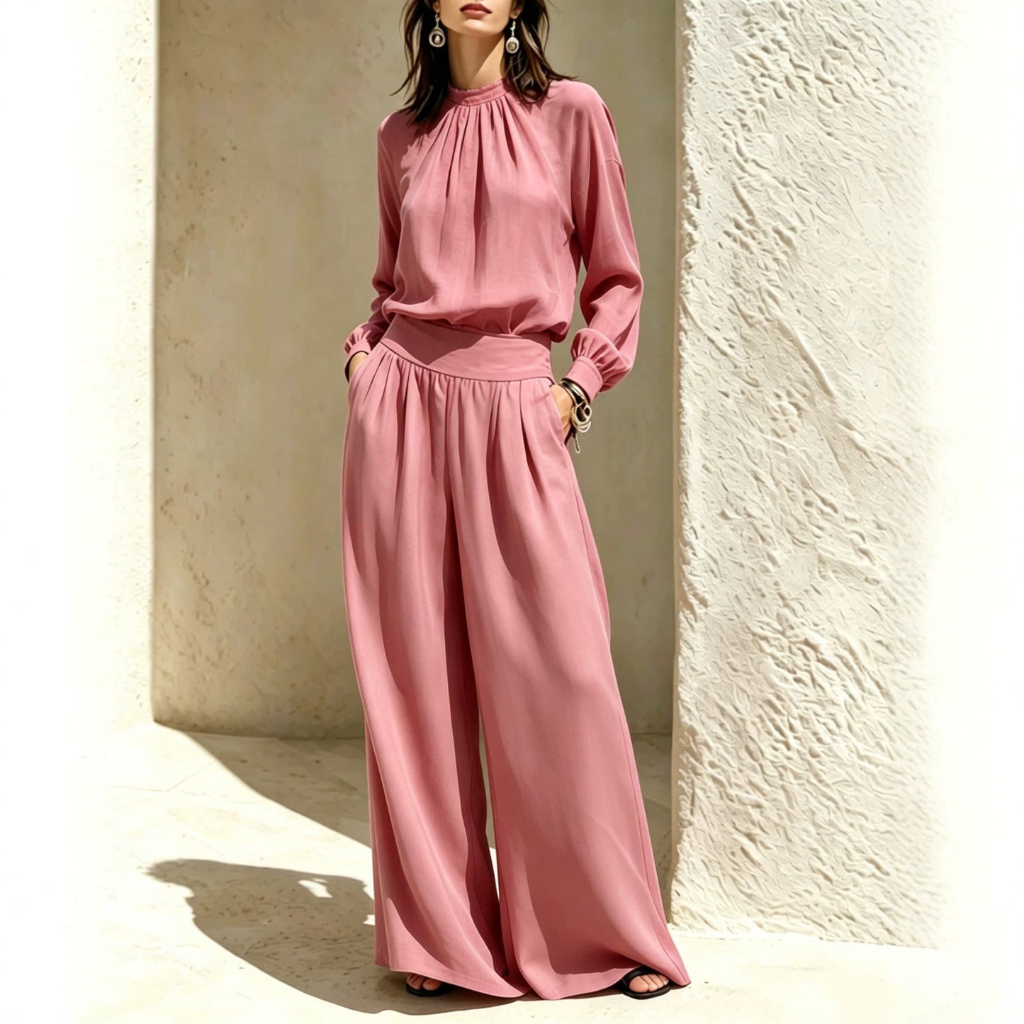Women's Chic Mock Neck Wide Leg Pants Two Piece Set