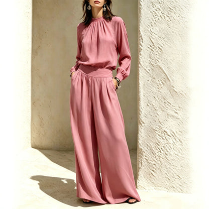 Women's Chic Mock Neck Wide Leg Pants Two Piece Set