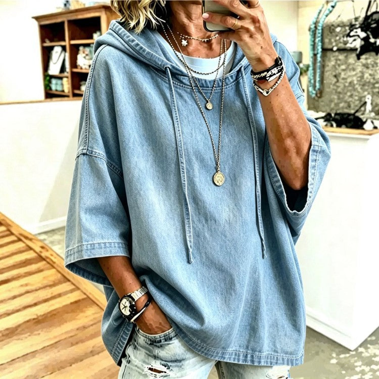 Women's Oversized Denim Hoodie Batwing Sleeve Top