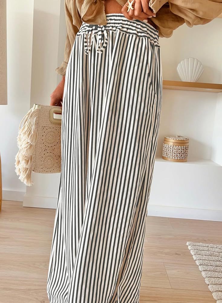 Striped Wide Leg Pants Drawstring Pocket Trousers