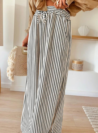 Striped Wide Leg Pants Drawstring Pocket Trousers