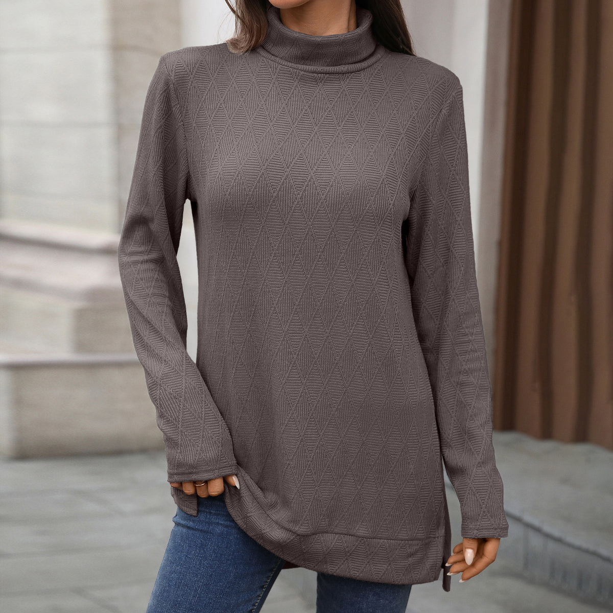 Women's Oversized Turtleneck Long Sleeve Tunic Side Slit