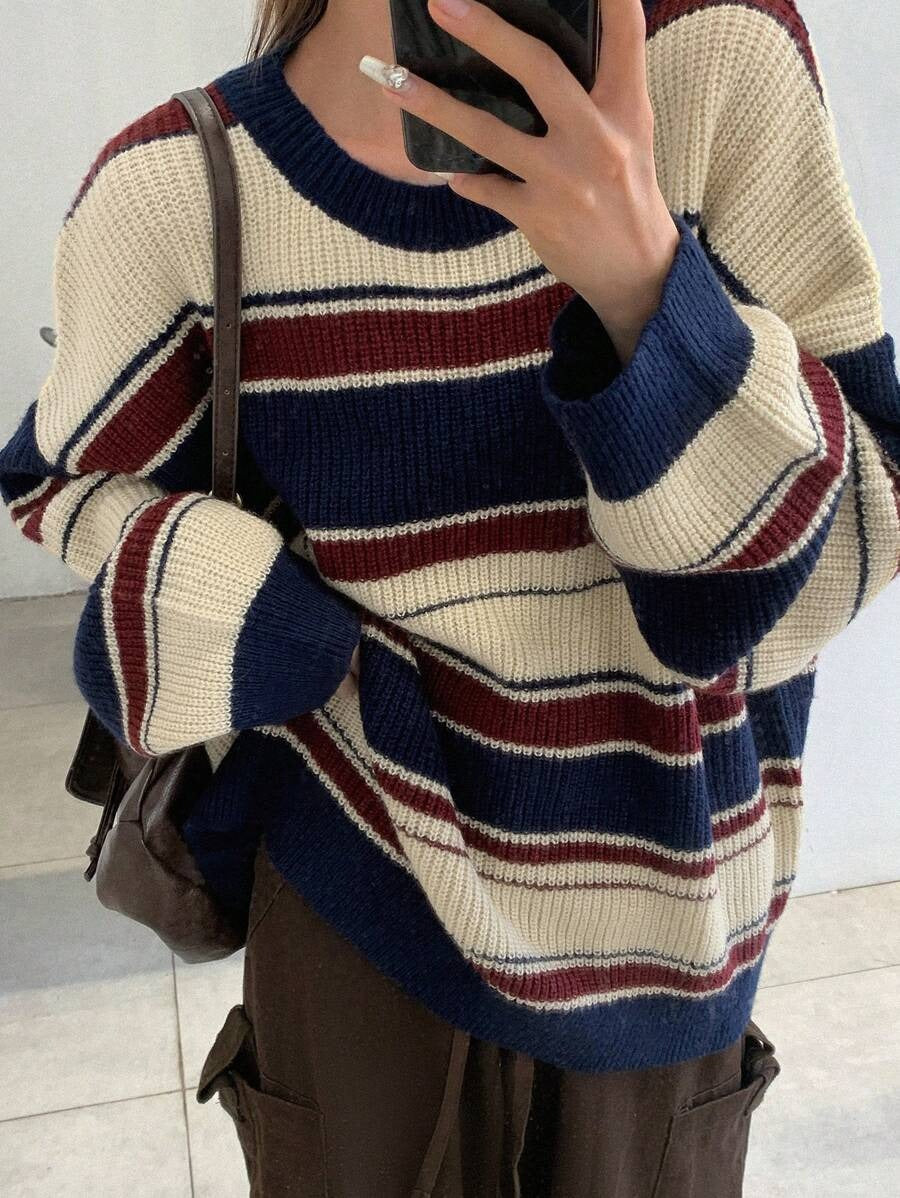Women's Oversized Striped Color Block Crewneck Sweater