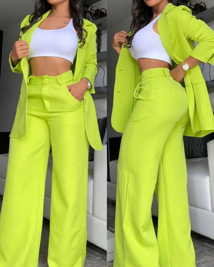 Elegant Split Sleeve Blazer Straight Pants Set