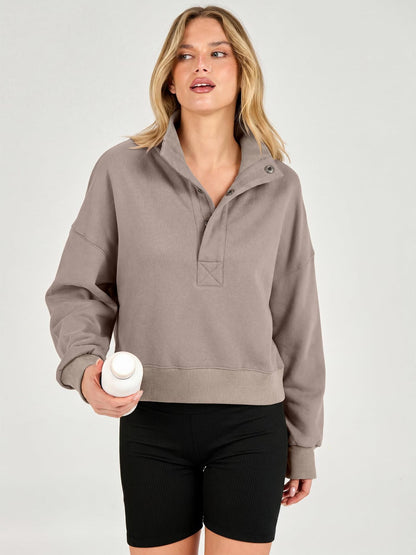 Cropped Henley Sweatshirt Polo Collar Relaxed Fit