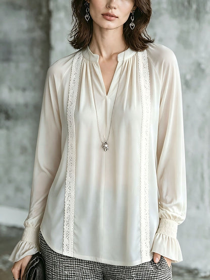 Women's Satin Lace Trim V-Neck Long Sleeve Blouse