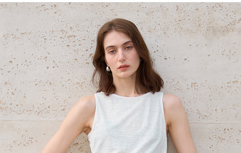 High-End 100% Linen Tank Top Slim Fit Round Neck Women’s Top
