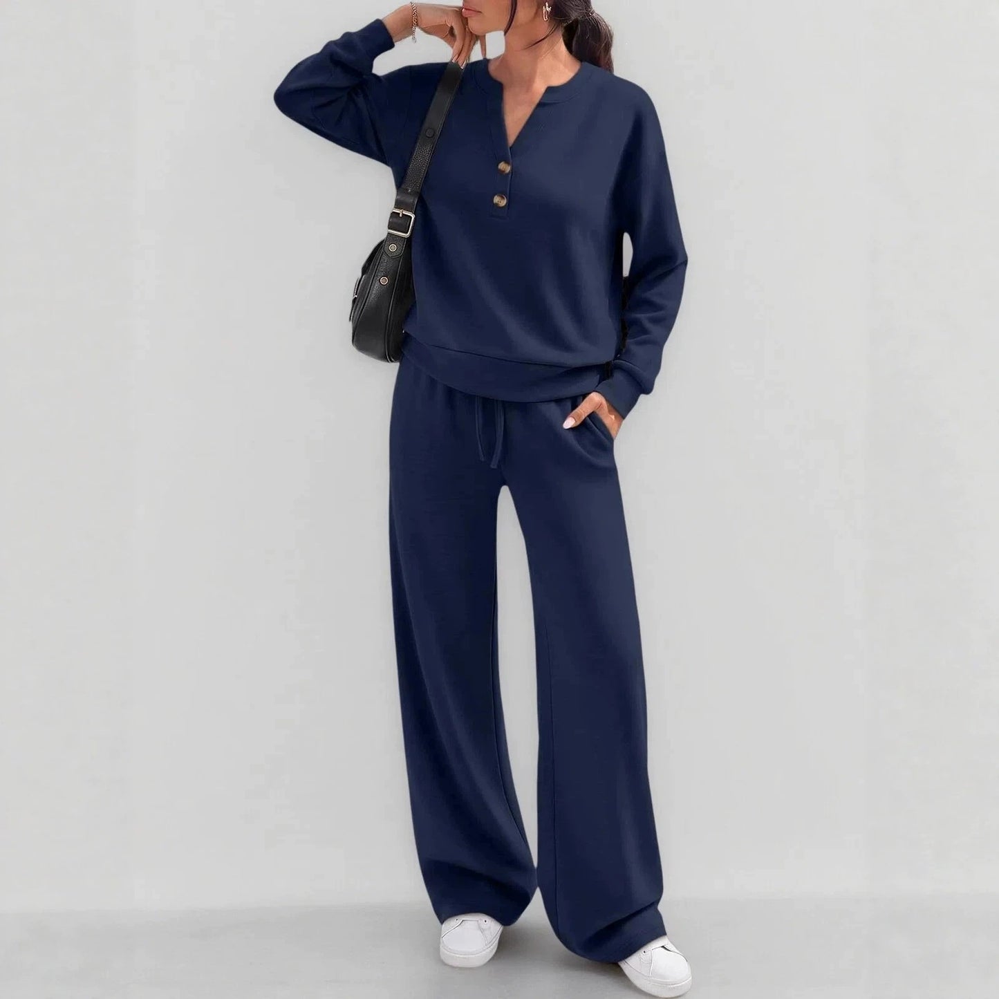 Women's Matching Lounge Set Henley Top Wide Leg Pants
