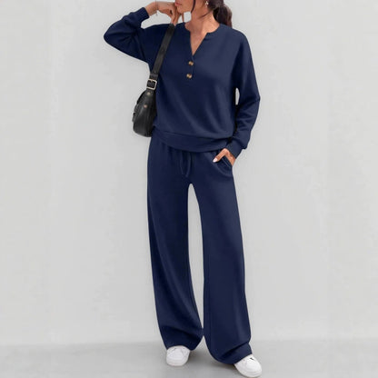 Women's Matching Lounge Set Henley Top Wide Leg Pants