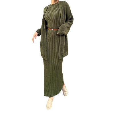 Women's Ribbed Knit Maxi Dress & Cardigan Belted Set