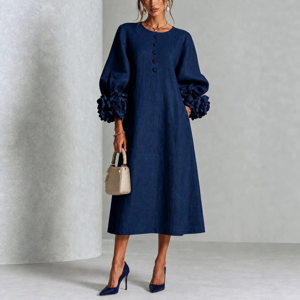 Women's Linen Midi Dress 3D Floral Cuff Button Front