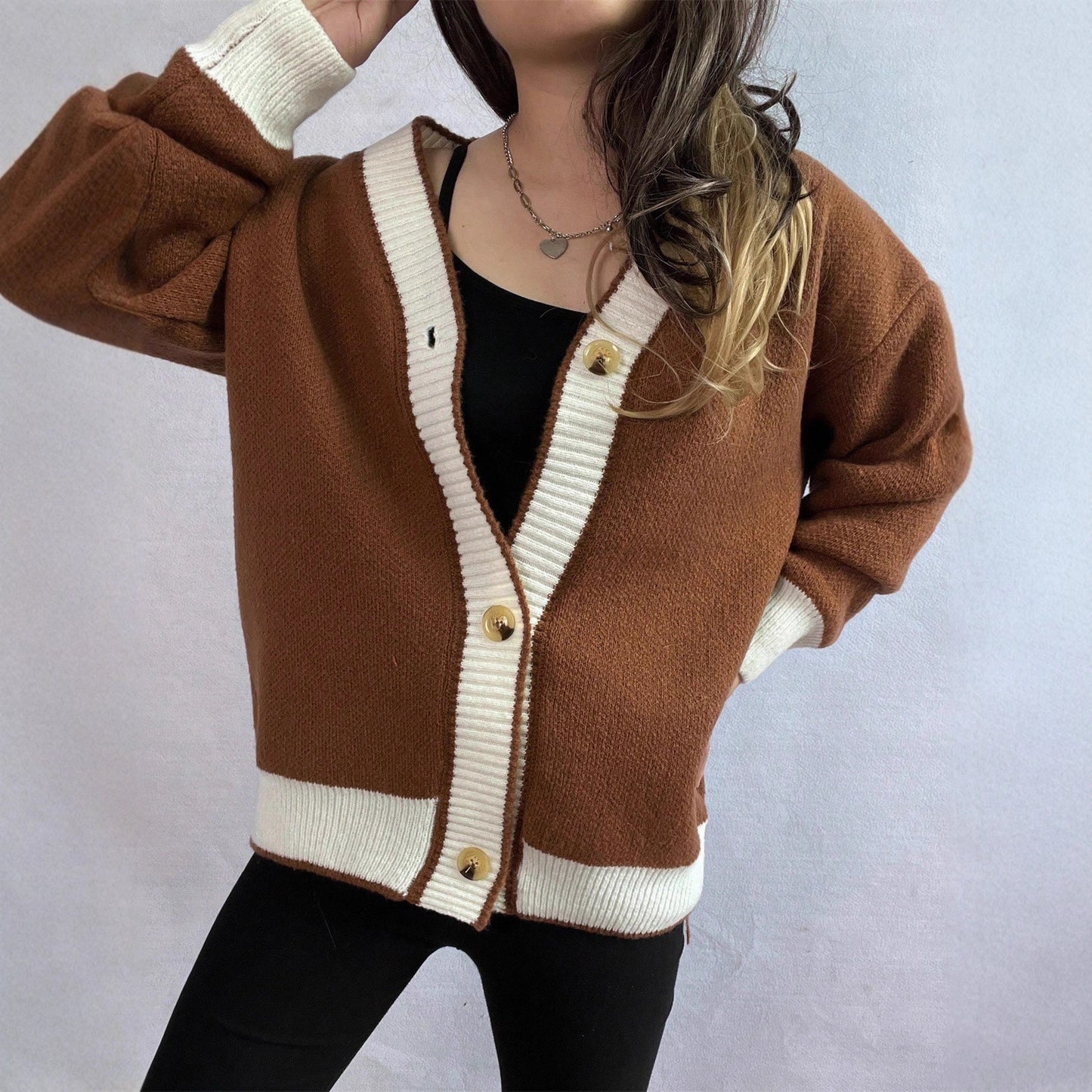 Color Block V Neck Button Front Ribbed Cardigan